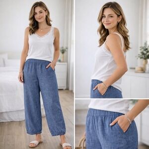 Pure Jill 100% Linen Blue Chambray Wide Leg Cropped Trouser Pants Medium Petite